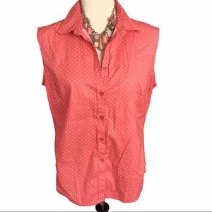 Women’s Cotton Blend Coral Orange White Polka Dot Sleeveless Top XL Button Down